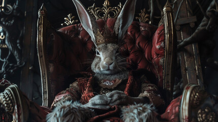 Rabbit as king Rabbit in a crown on a throne, ruling a burrow kingdom, symbolizing quickwitted governance in a fantastical realm , hyper realistic, low noise, low texture - obrazy, fototapety, plakaty