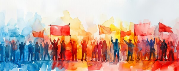 Colorful watercolor painting of a protest march. Young people are fighting for human rights, gender equality and against climate change, Generative AI - obrazy, fototapety, plakaty