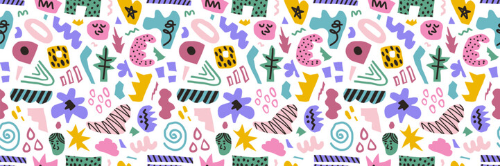 Abstract seamless pattern of colorful hand drawn various shapes, curls, forms and doodle objects. Modern vector background