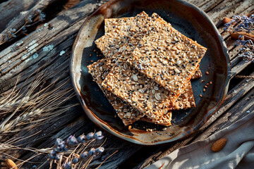 Artisanal seeded crackers with grains on a ceramic plate surrounded by rustic decor