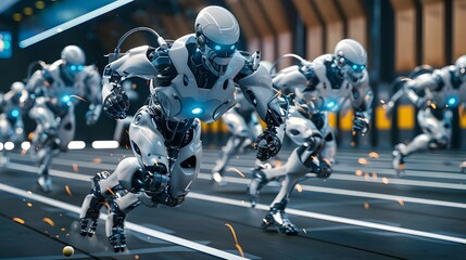 a group of robots running on a track in a futuristic setting