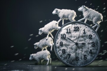Sheep jumping over a clock, metaphor for counting time till morning. Insomnia concept. - obrazy, fototapety, plakaty
