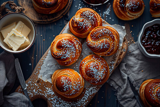 Top-down view of cinnamon buns dusted with powdered sugar on a wooden board with butter and jam