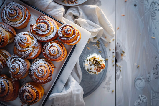 Close-up view of cinnamon rolls on a tray with powdered sugar and nut toppings in soft light