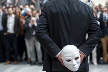 Illusions of success: Businessman conceals mask in crowd - obrazy, fototapety, plakaty