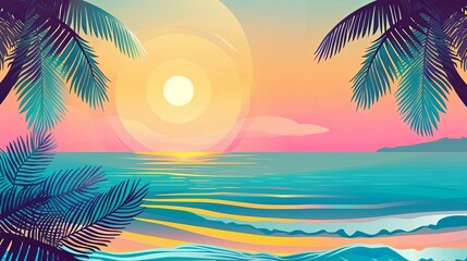 Fototapeta na wymiar Beach sunset background illustration with palm trees and ocean waves, using a flat design with simple shapes and colors