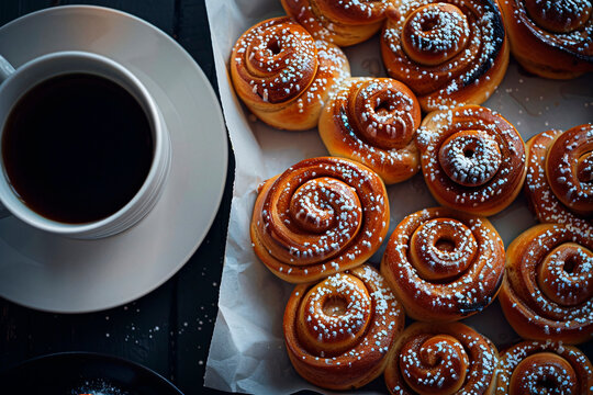 An appealing composition of cinnamon rolls dusted with sugar next to a cup of black coffee, suggesting a perfect breakfast