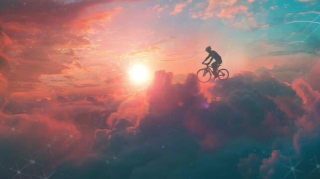 illustration of a person riding on a cloud when dusk falls which is so beautiful and amazing seamless looping time-lapse virtual 4k video Animation Background.