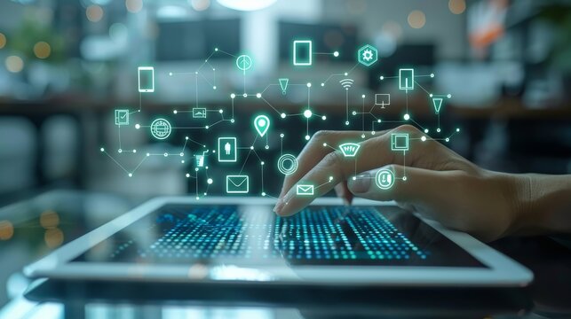 A close-up of a hand drawing a visionary roadmap on a digital tablet, with icons representingbusiness milestones and targets, soft focus on the background showing a creative workspace.