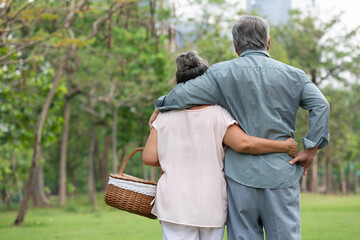 back senior couple looking forward to something in the park