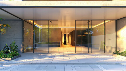 Contemporary glass structure boasting an elegant entrance with smooth sliding glass doors.