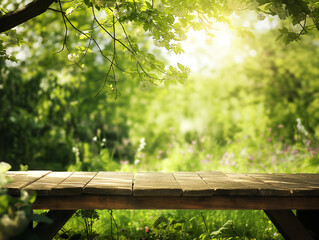 Green gardens spring background. An empty wooden table sits amidst nature