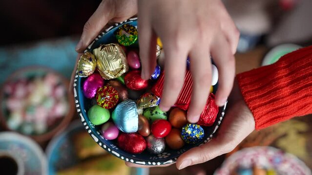 Colorful Ramadan Feast Candy and Chocolate Video in Traditional Ottoman Cuisine Desserts, Eid Celebration Video Among Family with Cologne and Chocolate, &Uuml;sk&uuml;dar Istanbul, Turkiye (Turkey)