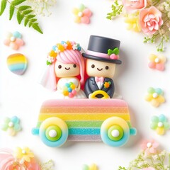 Fototapeta premium a cute wedding couple in driving made of pastel color rainbow gummy candy with flowers around on a white background