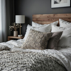 Behagliches skandinavisches Schlafzimmerdesign mit stilvoller Bettwäsche und Holzelementen - obrazy, fototapety, plakaty