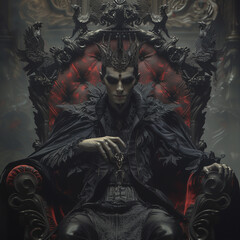 Vampire as king Vampire with a dark crown, reigning from a gothic throne, embodying nocturnal elegance and ageless dominion , hyper realistic, low noise, low texture - obrazy, fototapety, plakaty
