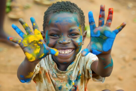 Young Child Artist: African Boy Laughing with Blue Artistic Hands Painting