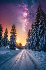 Fototapeta na wymiar Winter Trees and the Majestic Milky Way: A Road Leading to a Colorful Sunrise