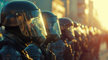 A line of police riot officers stands resolutely in the city, a symbol of authority and order, dedicated to maintaining the peace and safety of the urban community - obrazy, fototapety, plakaty