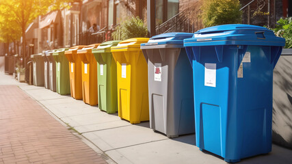 A variety of colored recycling bins are neatly lined up along a sunny city sidewalk, promoting urban recycling efforts.