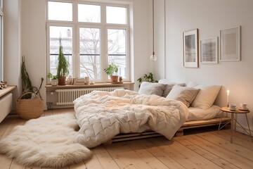 Area Rug Delight: Cozy Scandinavian Bedroom Inspirations with Warm Flooring