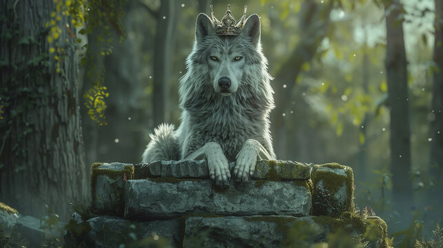 Wolf as king Noble wolf in a crown, leading the forest pack from a stone throne, embodying wild leadership and instinct , hyper realistic, low noise, low texture