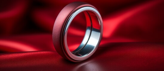 A close-up shot of a single ring placed on a vibrant red piece of cloth, showcasing intricate details and texture - obrazy, fototapety, plakaty