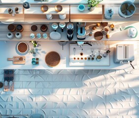Aerial view of a minimalist home coffee bar with professional equipment and artisanal brews