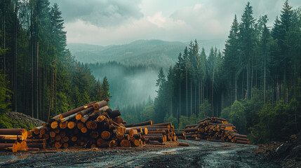A wide landscape of forestry shows pine and spruce trees towering above, with the foreground dominated by a substantial pile of log trunks, representing the timber wood industry - obrazy, fototapety, plakaty