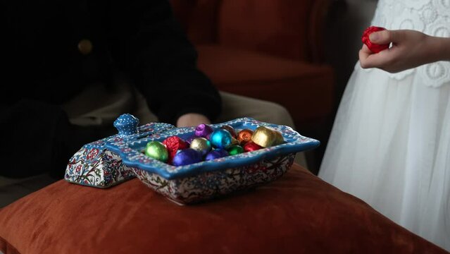 Colorful Ramadan Feast Candy and Chocolate Video in Traditional Ottoman Cuisine Desserts, Eid Celebration Video Among Family with Cologne and Chocolate, &Uuml;sk&uuml;dar Istanbul, Turkiye (Turkey)