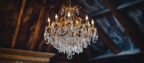 A decorative chandelier suspended from the ceiling, casting a glow in an elegant room