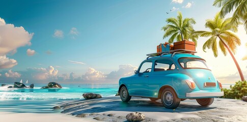 Fototapeta na wymiar A blue car with luggage on the roof stands at an island beach on a sunny day, with the sea and sky in the background