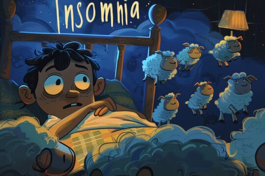 Restless night illustrated with whimsical sheep and a concerned boy in bed.