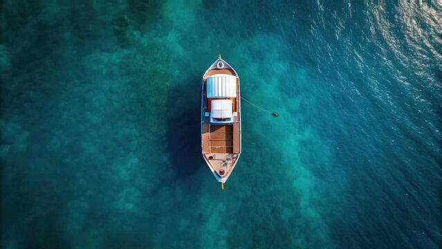 overhead aerial view of isolated luxury yacht in the middle of ocean. Dark ocean waves bobble the boat in beautiful patterns. Gradient contrast with empty space.