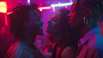 A group of friends exploring a bustling urban nightlife scene, with neon lights, music, and laughter filling the air, epitomizing the vibrant and energetic side of travel enjoyment. - Powered by Adobe