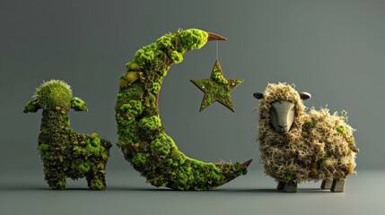 Eid al-Adha moss figures display featuring a crescent, star, and sheep on a grey background,...