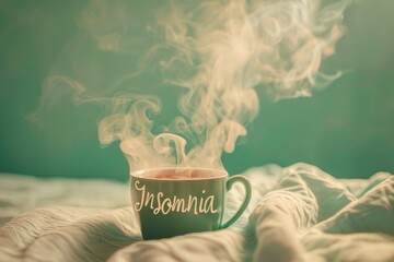 Steaming mug with 'Insomnia' label, warm drink in a cold, sleepless night. - obrazy, fototapety, plakaty