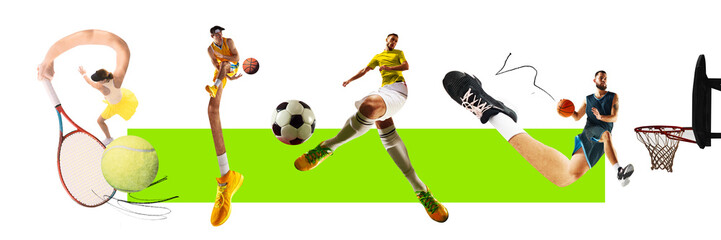 Banner. Contemporary art collage. Basketball, football, tennis. Sportsman with long legs and arms training in motion. Concept of sport, hobby, fit people. trendy magazine style. Championship 2024.