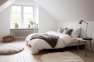 Fototapeta na wymiar Minimalist White Scandinavian Bedroom: Cozy Inspirations
