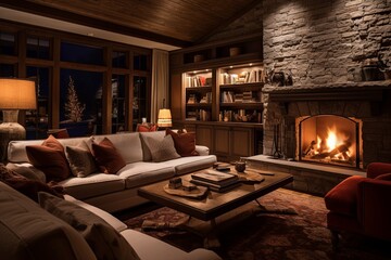 Fototapeta premium Cozy Fireplace Haven: Inviting Living Room with Deep Sofas and Ambient Lighting
