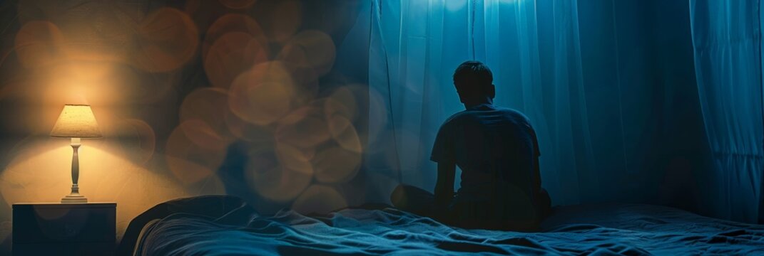 Man seated on a bed in a dark room, facing away, with contemplative night atmosphere