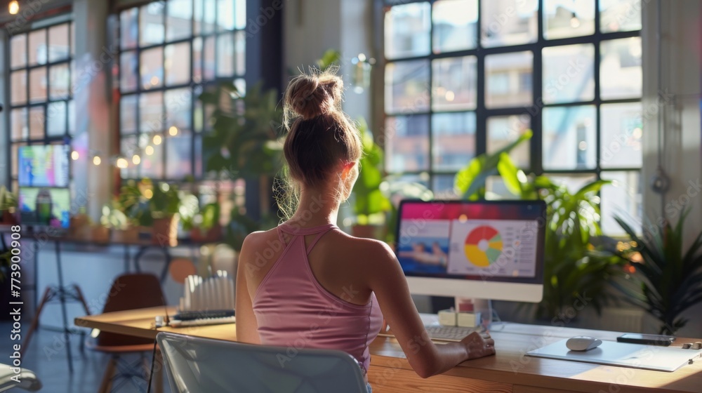 Poster woman working at desk with computer
