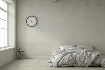 Minimalistic bedroom with a clock indicating a late hour, symbolizing sleeplessness