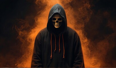 Fototapeta na wymiar Mysterious hooded figure with a skull face surrounded by orange smoke on a dark background, concept of horror and fantasy
