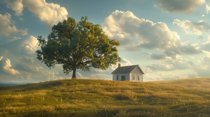 Fototapeta premium Lonely rural house and tree in the field