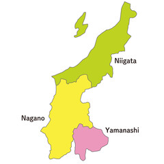 甲信越地方の各県の地図、アイコン、英語の県名入り