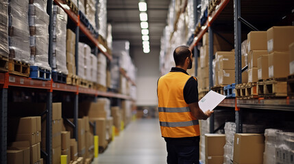 Warehouse worker checking inventory in a large distribution center