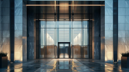 Modern urban skyscraper boasting a glass entrance and elegant sliding glass doors. - obrazy, fototapety, plakaty