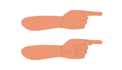 Human hands points way with finger, forefinger. Pointer to right. Pointing Hand Gesture. Flat vector illustration isolated on white background. Template, banner, poster. One finger showing way.