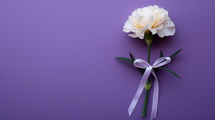A refreshing purple background with a single bright white carnation. Decorated elegantly with a white bow tied around the stem at the corner. Mixing simplicity with sophistication